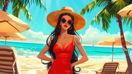 The female figure in summer clothes is looking at the camera in modern illustration