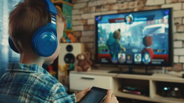 As a barefoot boy watches cartoons on a tablet, he wears headphones