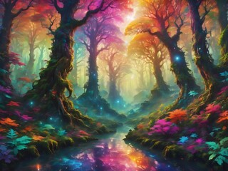 Generative AI. A forest of colorful trees with a lot of magic in it