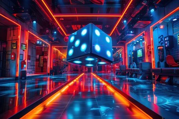 Wall Mural - A cube is floating in the air in a futuristic setting