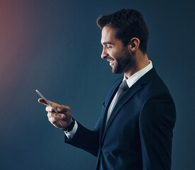 Poster - businessman, profile and online with smartphone on studio background for corporate communication, di