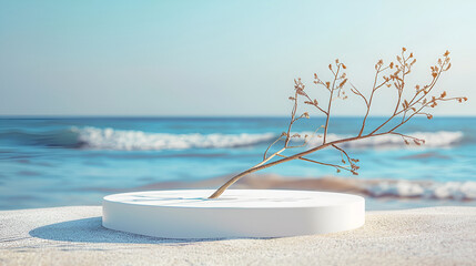 Wall Mural - 3d render of white marble podium on tropical beach with palm trees and turquoise sea,A minimalistic scene of a felled birch tree lying with leaves on a natural background with a natural shadow
