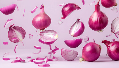 Poster - Whole and cut fresh red onions falling on light violet background