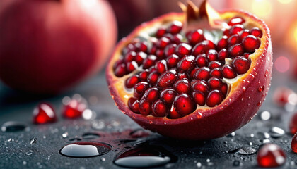 Wall Mural - Wet pomegranate. Red garnet. Ripe pomegranate in water drops in the rain