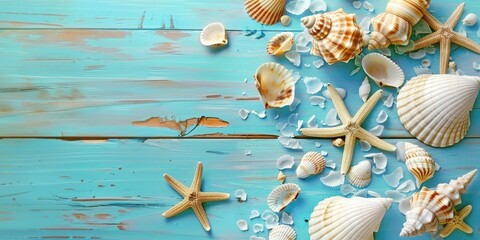 Wall Mural - Seashells on Blue Wooden Background