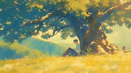 anime young boy sitting leaning against a big tree