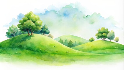 Canvas Print - Watercolor clipart of a serene green hill landscape , watercolor, clipart, green, hill, nature, landscape, peaceful