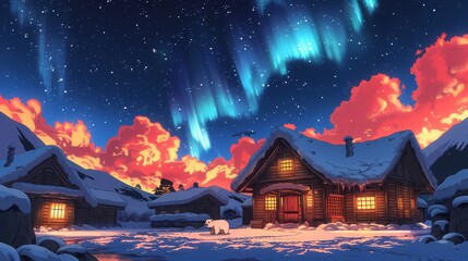 flat anime illustration, anime illustration, line art style illustration, A remote Arctic outpost: Small buildings covered in snow, the Northern Lights dancing overhead, and a polar bear in the distan