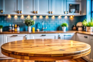 Wall Mural - Wooden table set against a blured grey kitchen interior with lights, for product photo