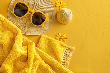 Yellow beach towel, sunglasses, and hat on sunny background, ideal for summer beach vibes