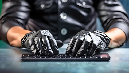 Poster - Close-Up of a Hackers Hands Typing on a Keyboard While Wearing Black Gloves