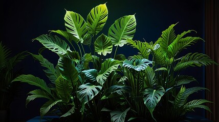 In a fusion of modernity and tropical allure, green and blue neon lights caress the contours of exotic leaves, transforming the ordinary into an extraordinary spectacle. Generative Ai.