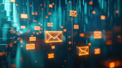 A 3D rendering of glowing orange email icons falling through a vibrant blue digital network, representing the fast-paced flow of communication and information in the modern world