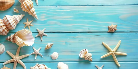 Wall Mural - Seashells and Starfish on Blue Wooden Background