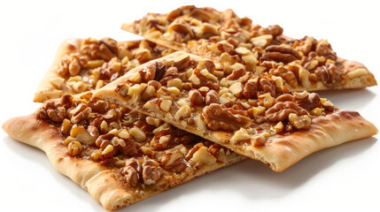 Thin Turkish flatbread topped with walnuts, isolated on white background.