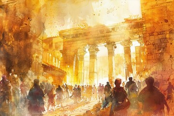 Wall Mural - biblical watercolor illustration rebuilding of the temple ezra 615 warm golden light intricate architectural details bustling workers vibrant pigments historical accuracy