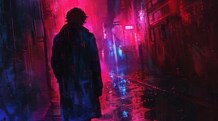 A mysterious stranger in a neonlit cyber alley, Dark colors, Cyberpunk, Digital painting, Mysterious