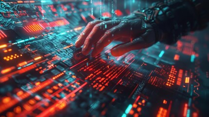 A programmer debugging a holographic interface in a dark room, Cool tones, Cyberpunk, Digital painting, Focused