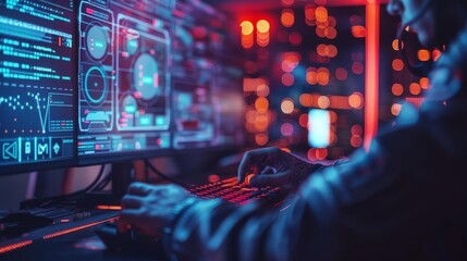 A programmer debugging a holographic interface in a dark room, Cool tones, Cyberpunk, Digital painting, Focused