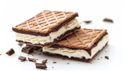 Two yummy ice cream sandwiches with chocolate and vanilla cream sit on a white background.