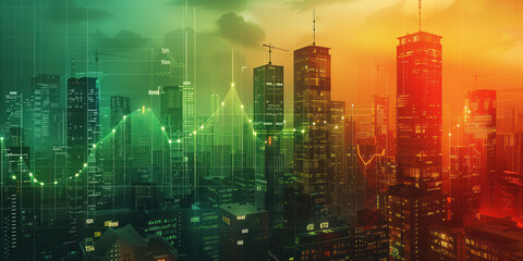 Poster - illustration of the residential real estate developers market. a graph or chart showing the drop in bond values. Background image. Created with Generative AI technology.