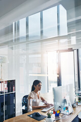 Poster - Modern office, workspace and business woman with monitor for typing, reading and connection. Career, female web designer and computer for research, planning and ideas for programmer by glass divider