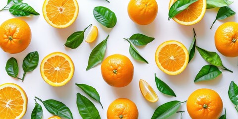 Wall Mural - Fresh Oranges and Green Leaves on a White Background