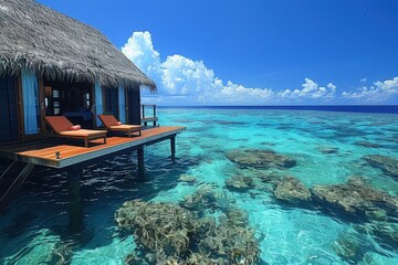 Wall Mural - A luxurious overwater bungalow in the Maldives, with a clear blue sky, sparkling ocean, and a private deck with sun loungers. 