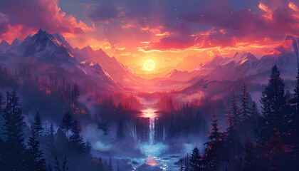Wall Mural - beutiful nature landscape illustration,  sunset view on montain with lake and waterfall