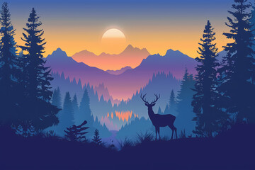 Wall Mural - silhouette of deer with beautiful nature landscape background illustration