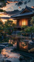 Wall Mural - Traditional Japanese house by a serene pond at sunset