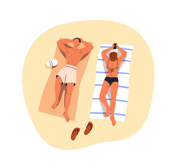 Canvas Print - Couple on summer beach. Man and woman sunbathing, relaxing with mobile phone on vacation. People chilling, lying on towels at holiday resort. Flat vector illustration isolated on white background