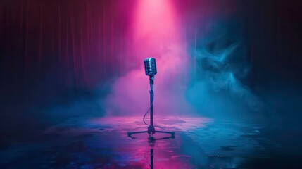 Wall Mural - Dark concert stage with pink and blue spotlights highlighting a vintage mic. Wide banner background for live music or podcast with room. Generative AI