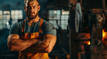 Poster - A man with a beard stands in front of a machine with his arms crossed