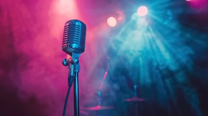 Wall Mural - Dark concert stage with pink and blue spotlights highlighting a vintage mic. Wide banner background for live music or podcast with room. Generative AI