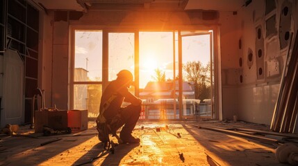 Poster - A man is kneeling in a room with a window