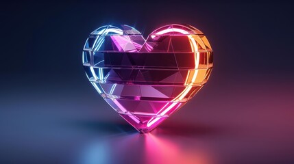 A vibrant, geometric heart shape illuminated with neon pink and blue lights, set against a dark gradient background.