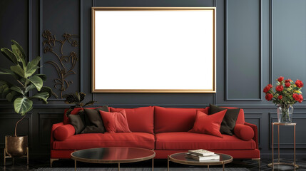 Wall Mural - modern apartment design. minimalistic and neat interior with red sofa, flowers, coffee table and mockup of painting on the wall. beautiful pillows on the sofa. The walls of apartment are dark grey