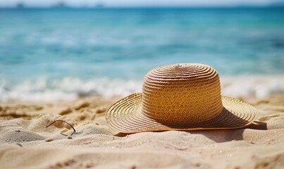 Wall Mural - Straw hat on sandy beach, Generative AI 