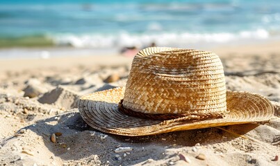 Wall Mural - Straw hat on sandy beach, Generative AI 