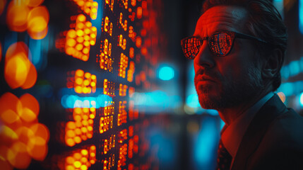 Poster - a businessman's reflection is visible on the digital display of a stock exchange information board