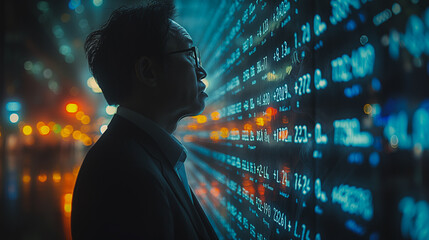Poster - a businessman on the stock exchange information board, symbolizing his immersion in financial data.