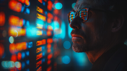 Poster - a businessman on the stock exchange information board, symbolizing his immersion in financial data.