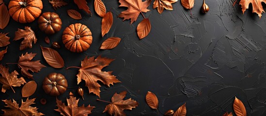 Poster - Flat lay top view of autumn-themed items like brown and gold leaves, pumpkins, on a dark black background, creating a visually appealing copy space image.