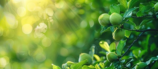 Poster - A green tree with young quince fruits growing on a branch, set against a background of lush foliage, creating a serene copy space image.