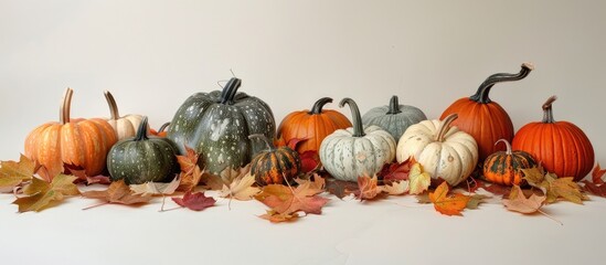 Wall Mural - Various pumpkins displayed on a bed of fallen leaves, set against a white backdrop with copy space image.
