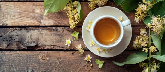 Poster - Flat lay composition featuring a cup of tea surrounded by linden blossoms on a wooden table, with ample space for text in the image.