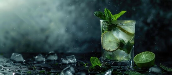 Poster - Large image featuring a glass with a mojito cocktail containing lime, mint, and ice, adorned with herbs on a dark backdrop. Includes copy space.