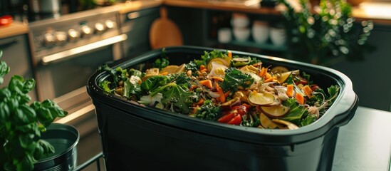 Poster - Detailed close-up of a kitchen counter compost bin with leftover food scraps, featuring ample copy space image.