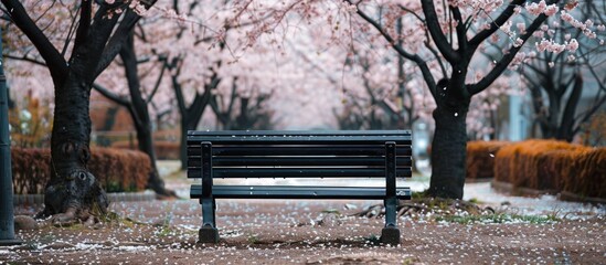 Leinwandbilder - An empty bench with no people around in a garden, set against a backdrop of blossoming cherry blossom trees (sakura tree), with copy space image.